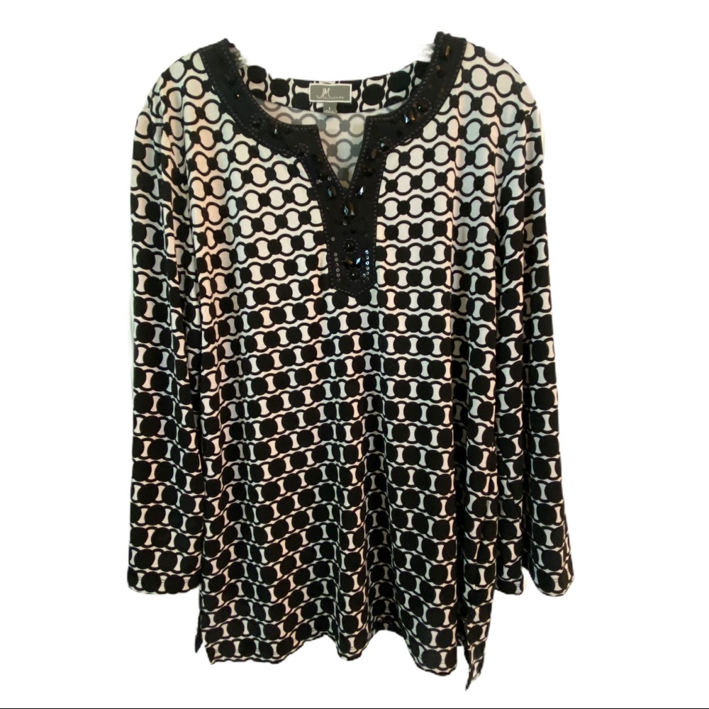 JM Collection Black & White Dot Circle Print Tunic